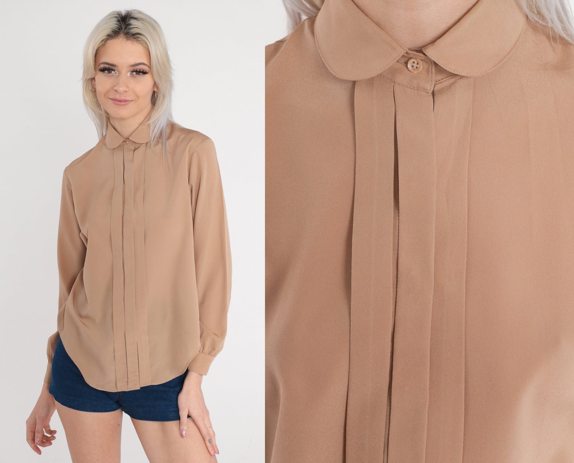 70s Cocoa Brown Peter Pan Collar Blouse Pleated Button Up Long Sleeve Extra Small