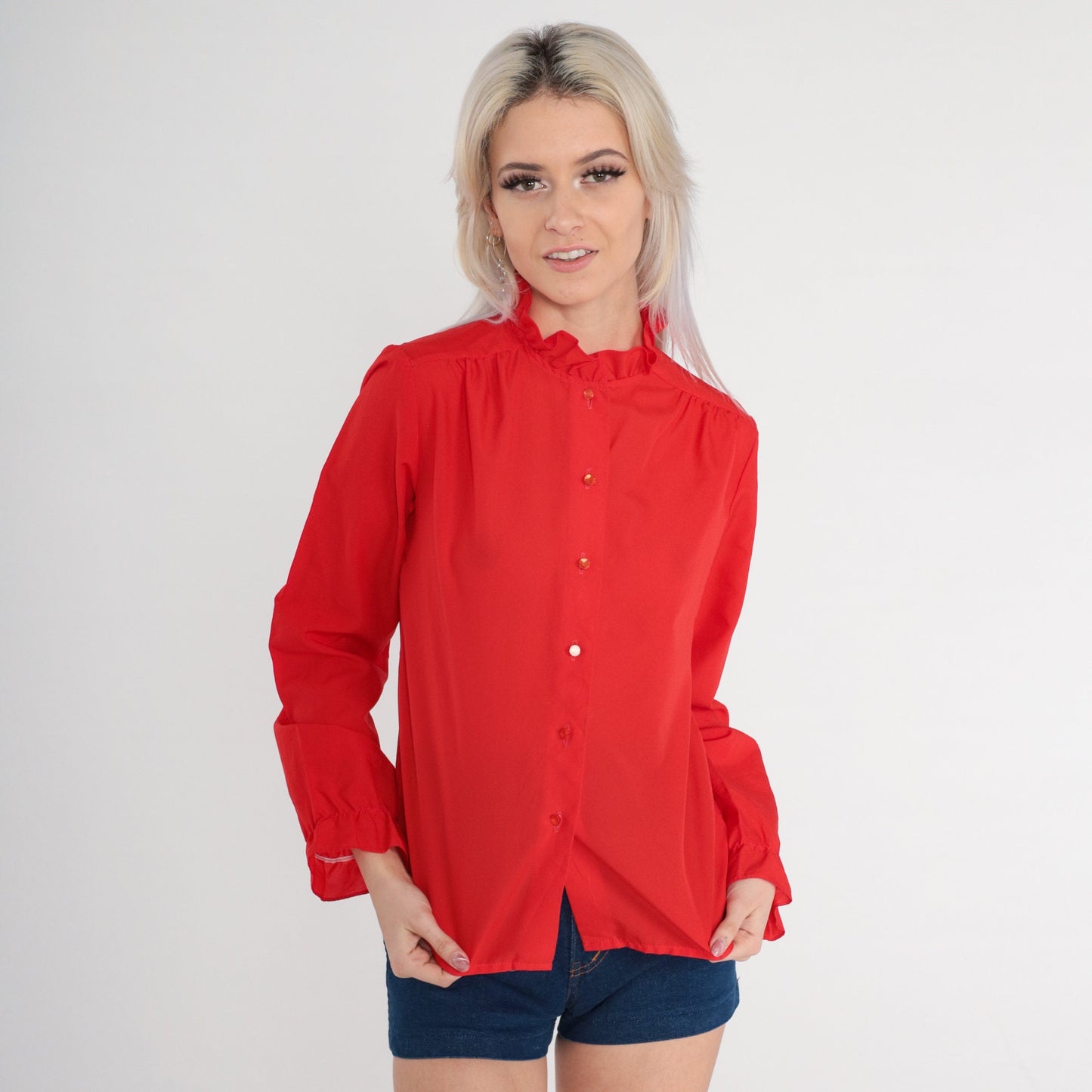 80s Red Ruffle Blouse High Neck Button-Up Sheer Long Sleeve Small