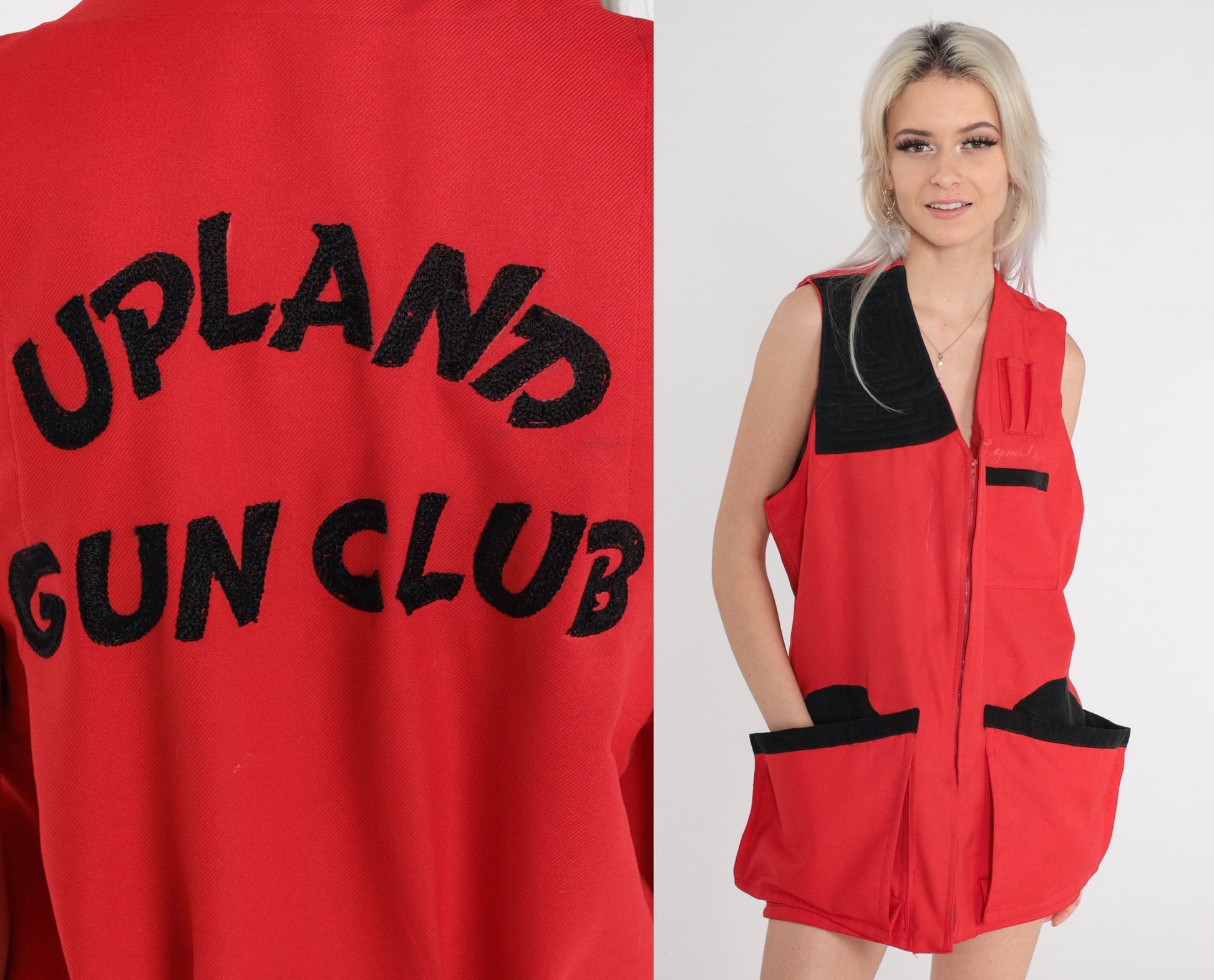 70s Upland Gun Club Hunting Vest Red Black Cargo Sleeveless Zip Large