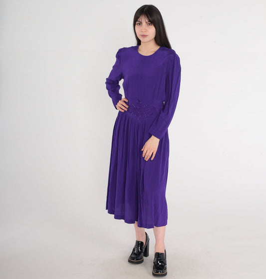 80s Karin Stevens Royal Purple Beaded Midi Dress Puff Sleeve Medium