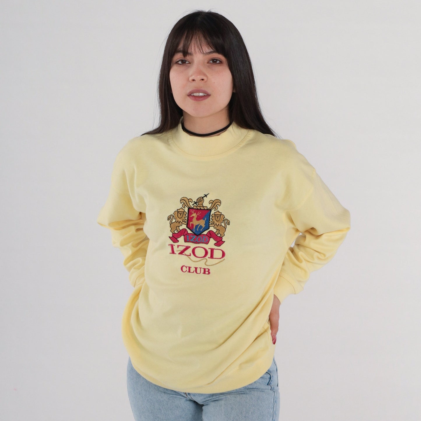 90s Izod Club Coat of Arms Embroidered Long Sleeve Shirt Light Yellow Extra Large