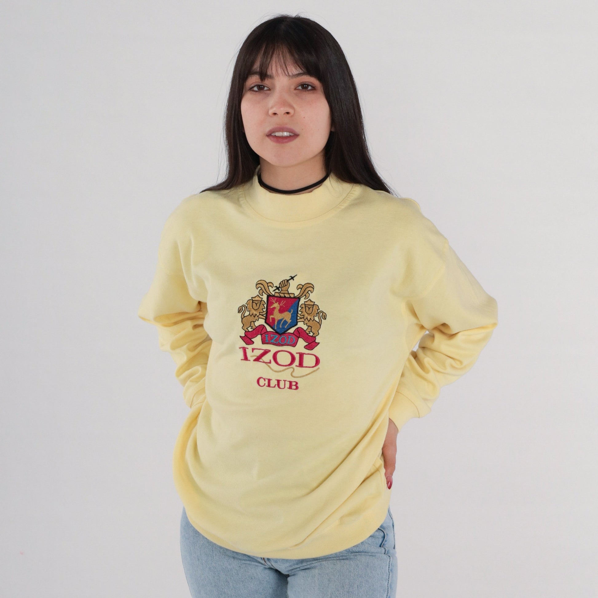 90s Izod Club Coat of Arms Embroidered Long Sleeve Shirt Light Yellow Extra Large