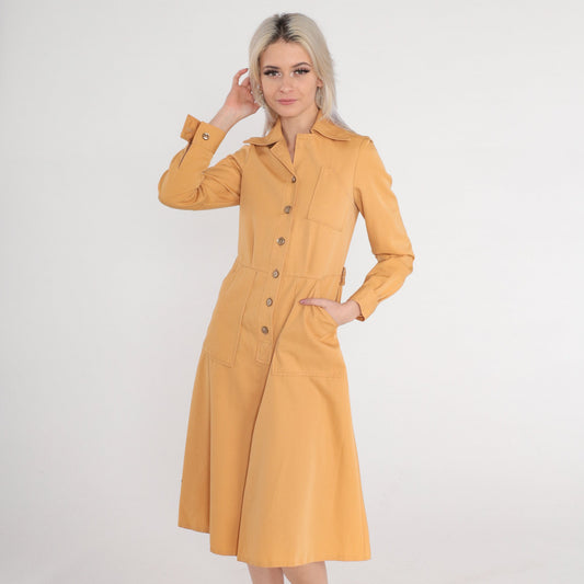 70s Camel Midi Shirtdress High Waisted Button Up Collared Long Sleeve Extra Small