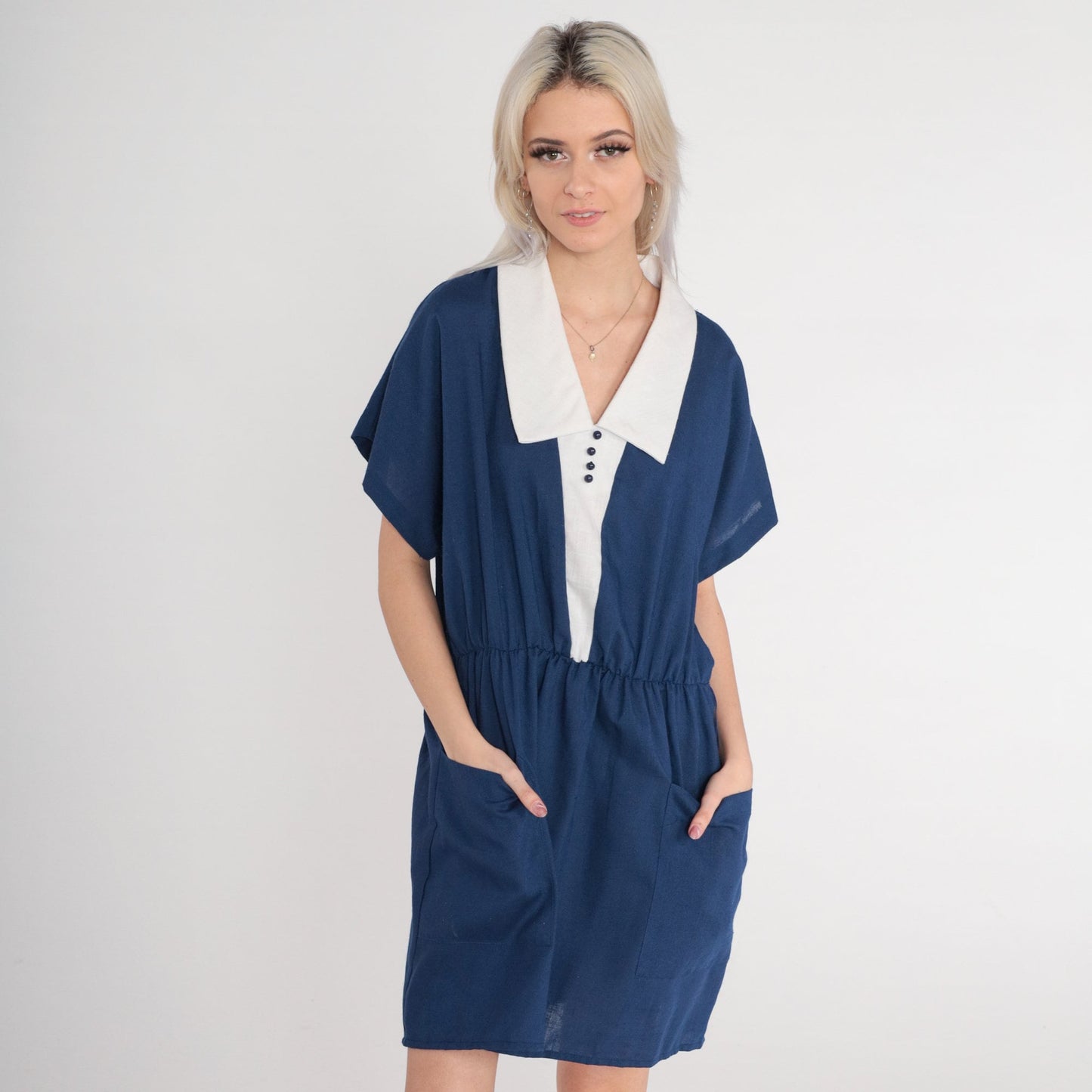 80s Blue Mini Dress White Chelsea Collar High Waisted Pockets Large L