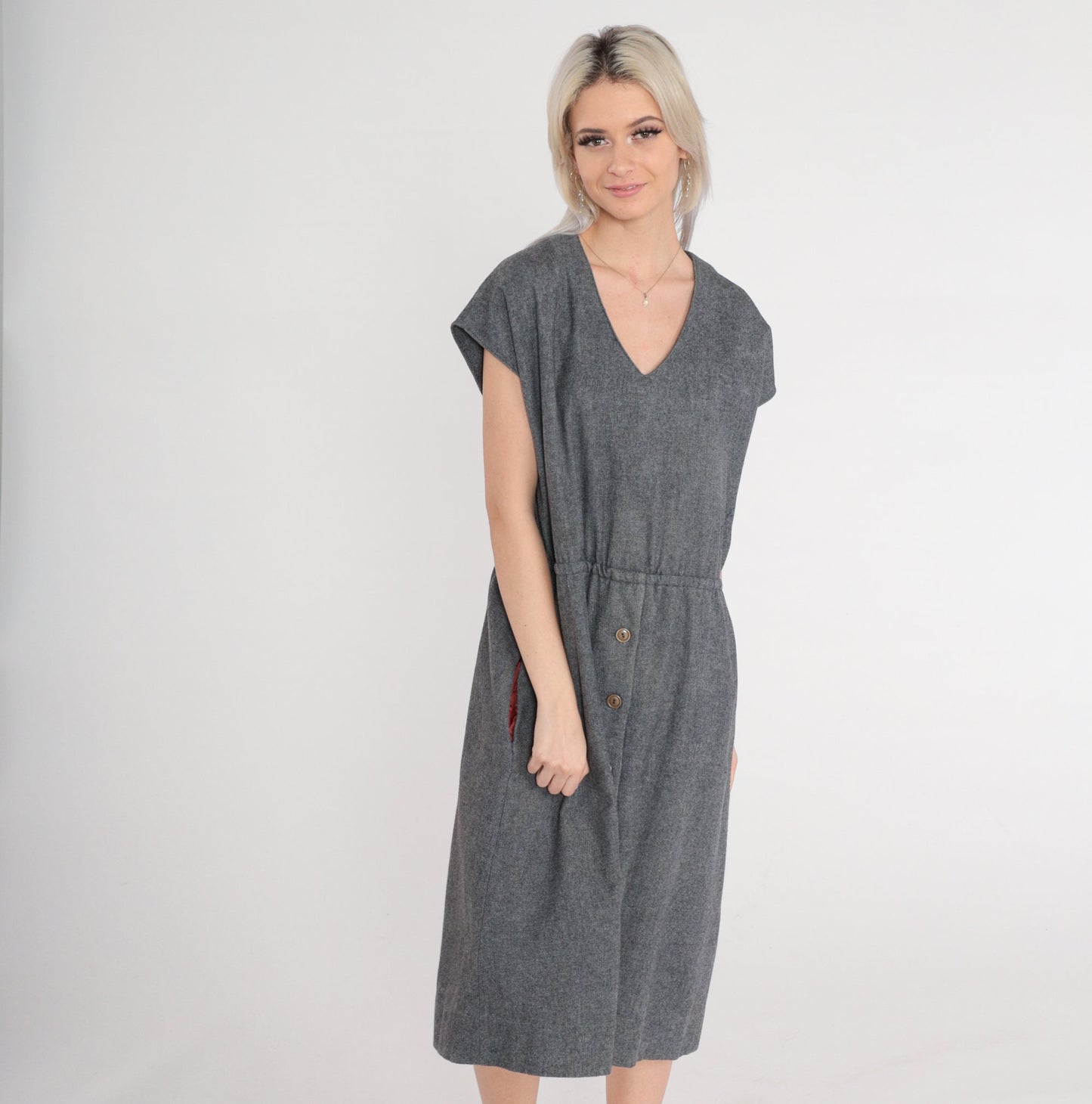 60s David Warren Wool Midi Dress Grey High Waisted V Neck Medium Large
