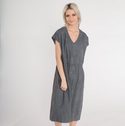 60s David Warren Wool Midi Dress Grey High Waisted V Neck Medium Large
