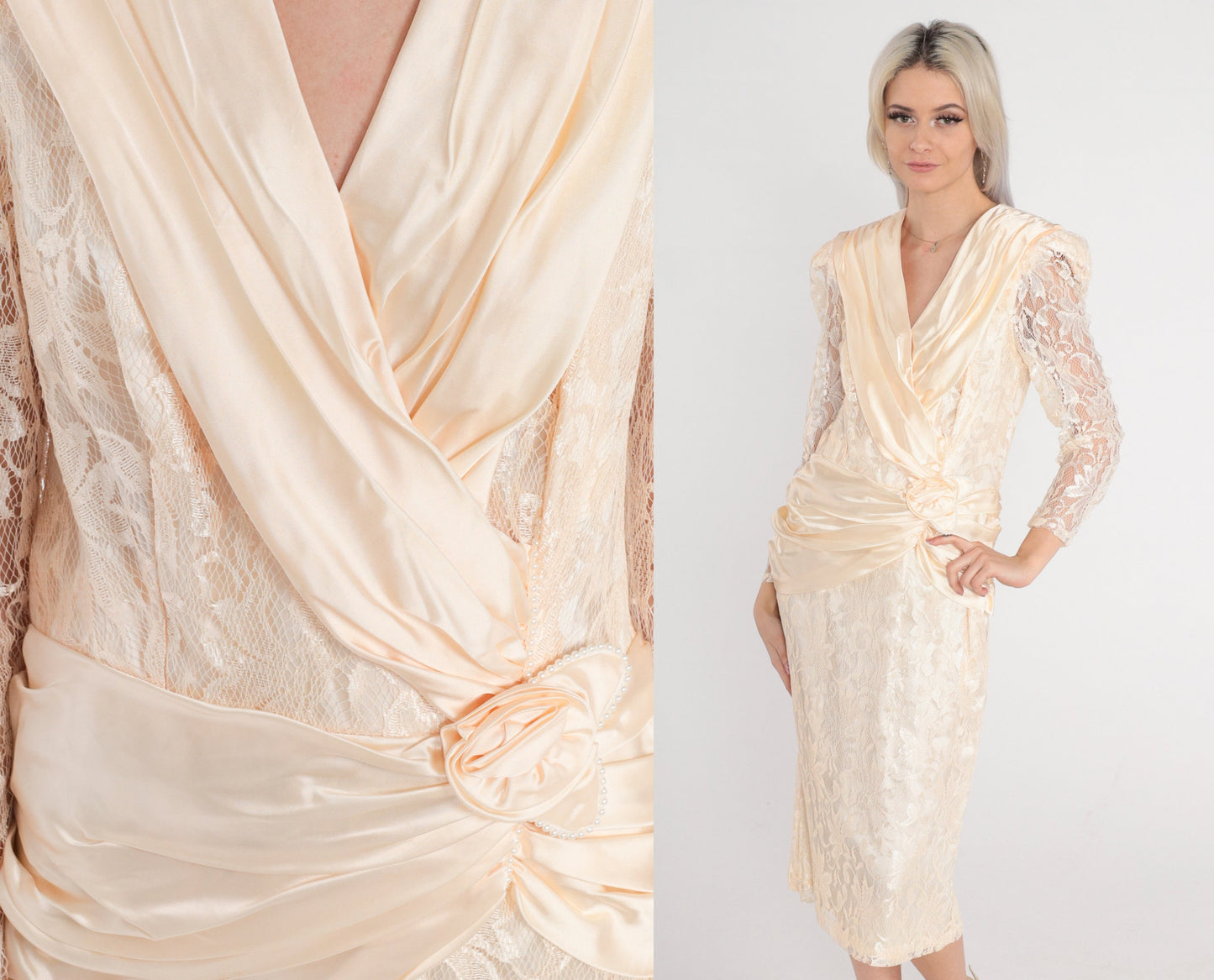 80s Peach Floral Lace Midi Dress Puff Sleeve Rosette Satin Drape Small