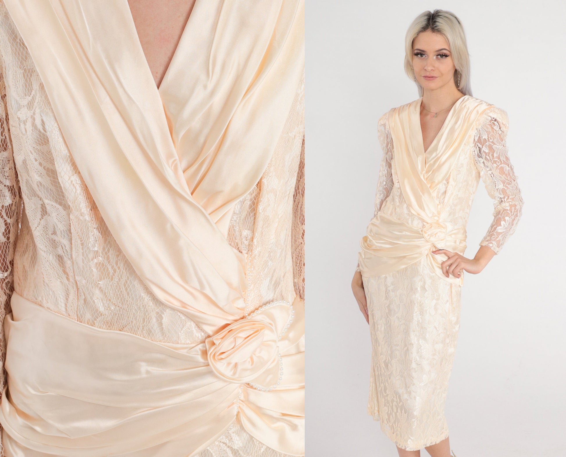 80s Peach Floral Lace Midi Dress Puff Sleeve Rosette Satin Drape Small