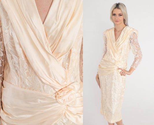 80s Peach Floral Lace Midi Dress Puff Sleeve Rosette Satin Drape Small