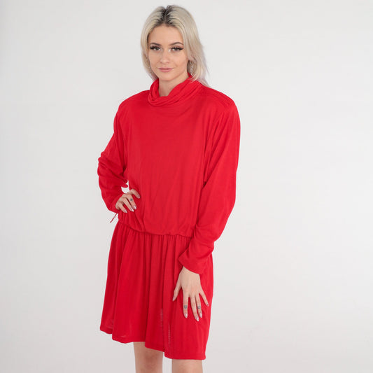 80s Red Mini Dress Turtleneck Blouson Pleated High Waist Long Sleeve Large