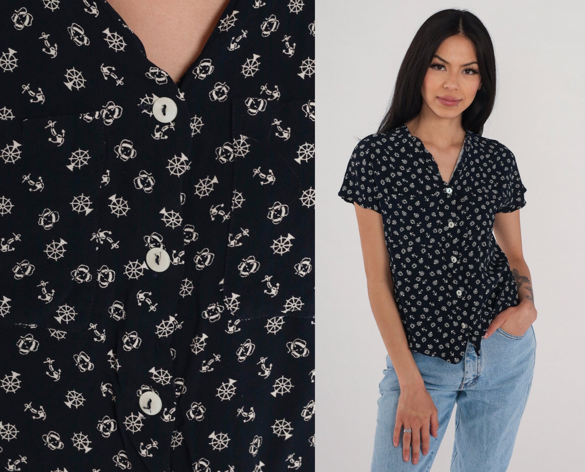 90s Liz Claiborne Nautical Button Up Blouse Navy Anchor Print Small