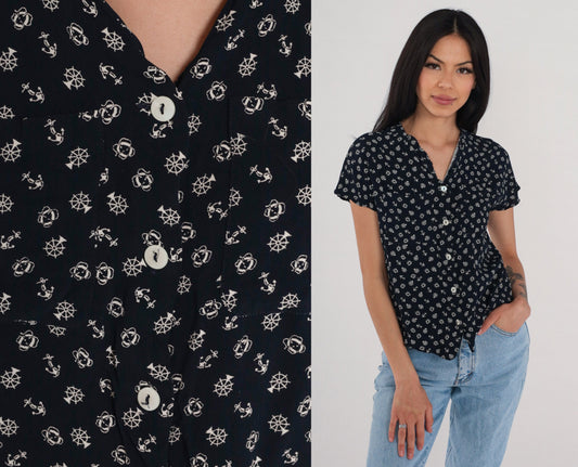 90s Liz Claiborne Nautical Button Up Blouse Navy Anchor Print Small