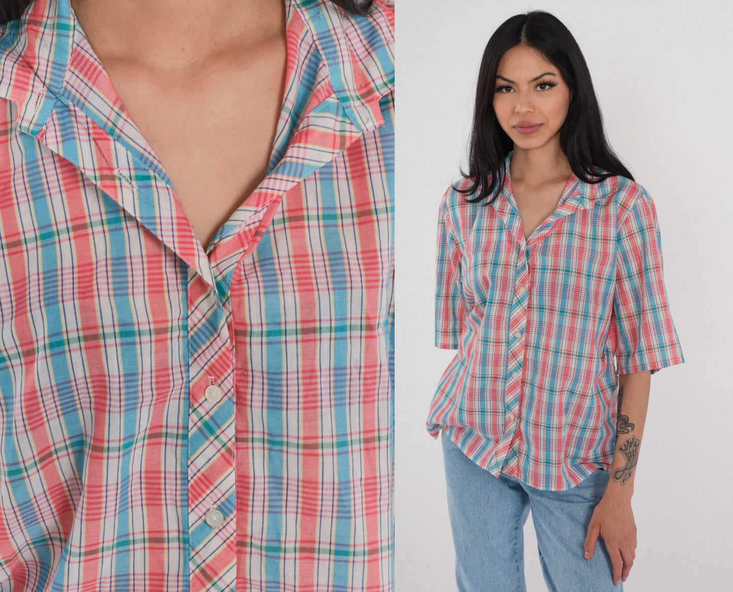 80s Plaid Button-Up Blouse Pink White Blue Checkered Short Sleeve Large L