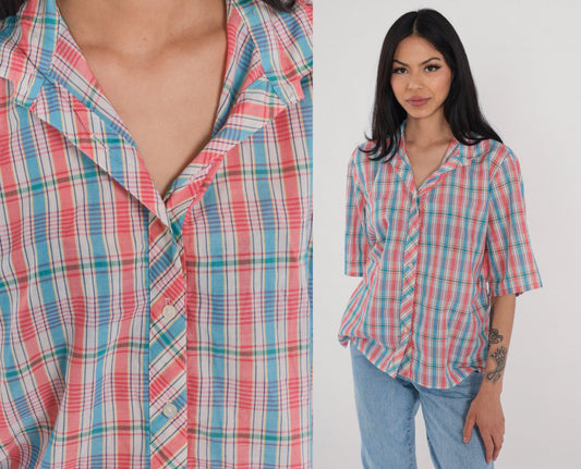 80s Plaid Button-Up Blouse Pink White Blue Checkered Short Sleeve Large L