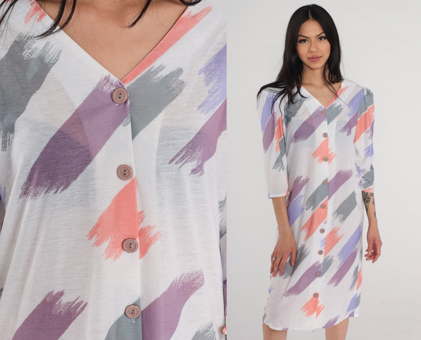 80s Brushstroke Print Shirt Dress Puff Sleeve Button-Up Knee-Length White Small S