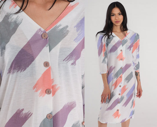 80s Brushstroke Print Shirt Dress Puff Sleeve Button-Up Knee-Length White Small S