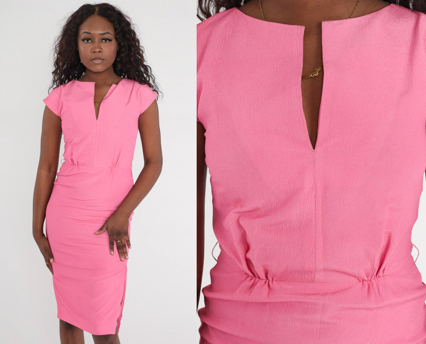 1960s Pink Midi Wiggle Dress Cap Sleeve V Neck Side Slit Small