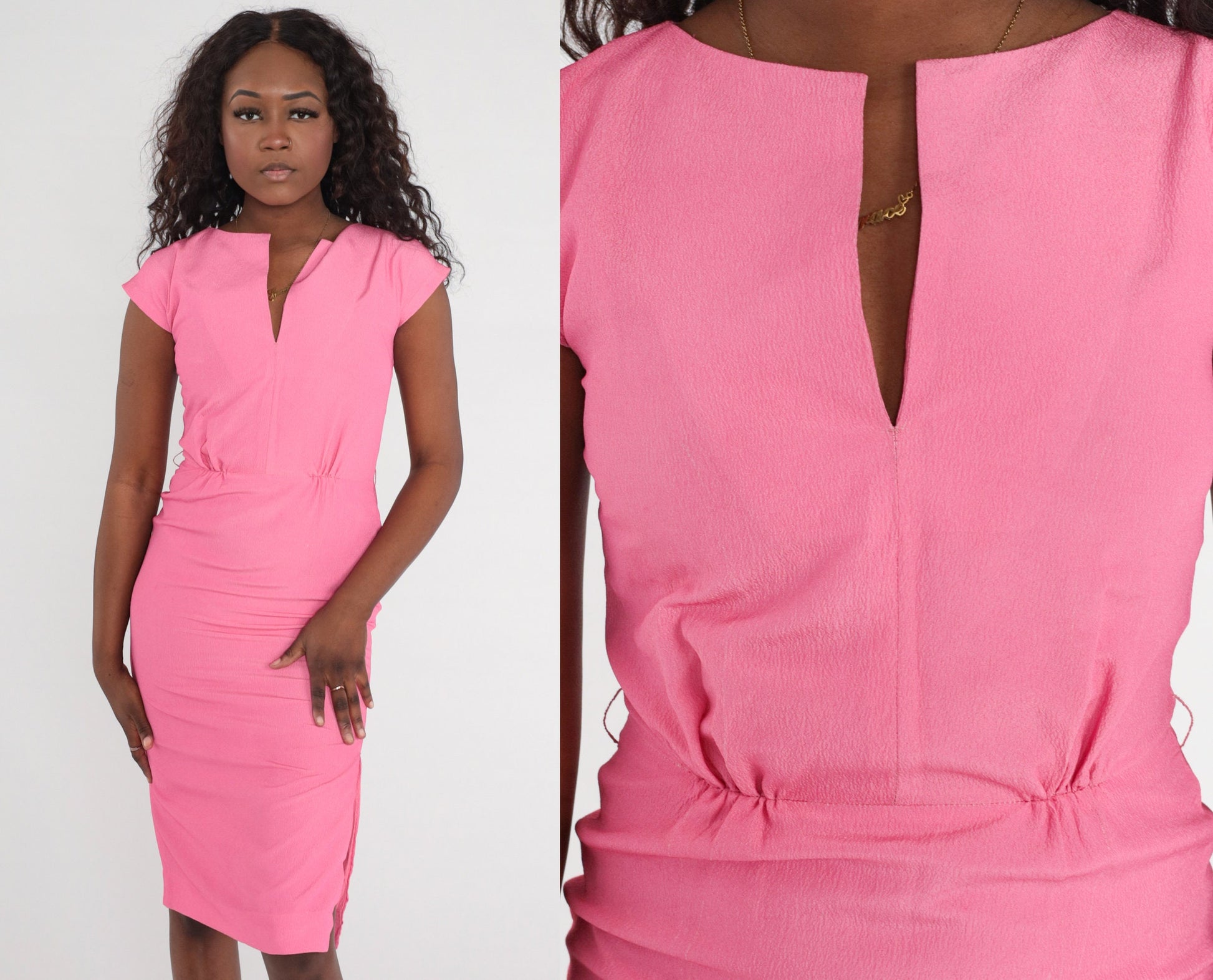 1960s Pink Midi Wiggle Dress Cap Sleeve V Neck Side Slit Small