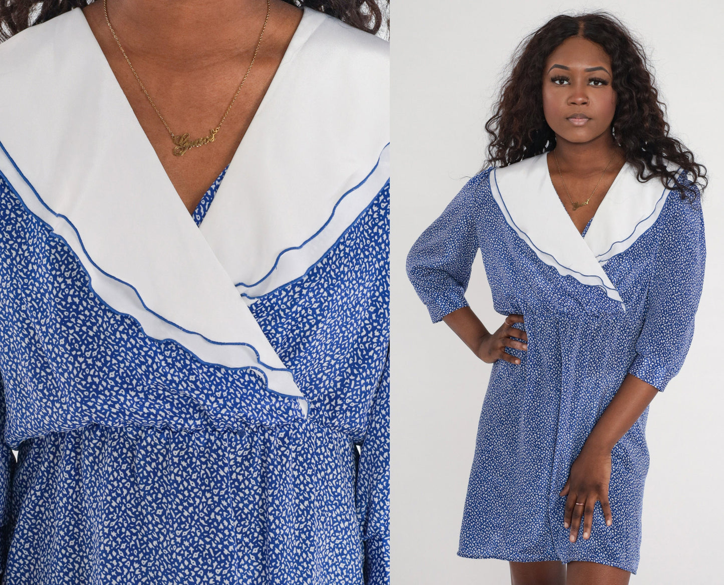 80s Blue Ditsy Print Wrap Dress Puff Sleeve High Waisted Mini Medium