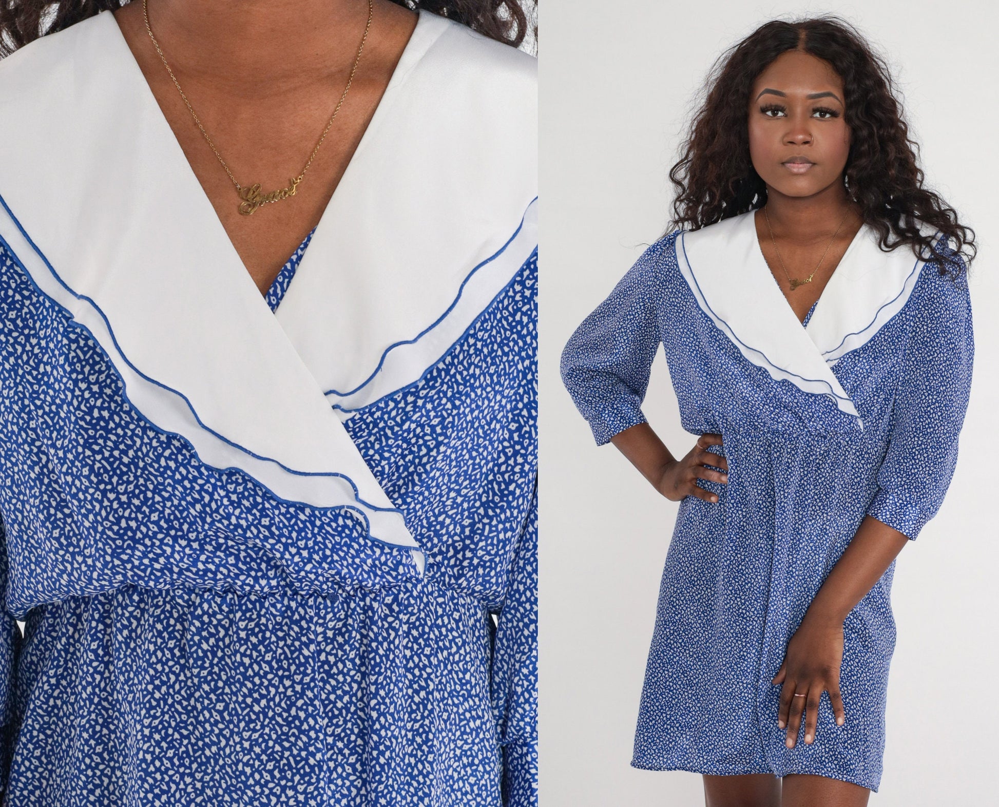 80s Blue Ditsy Print Wrap Dress Puff Sleeve High Waisted Mini Medium