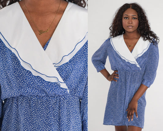 80s Blue Ditsy Print Wrap Dress Puff Sleeve High Waisted Mini Medium