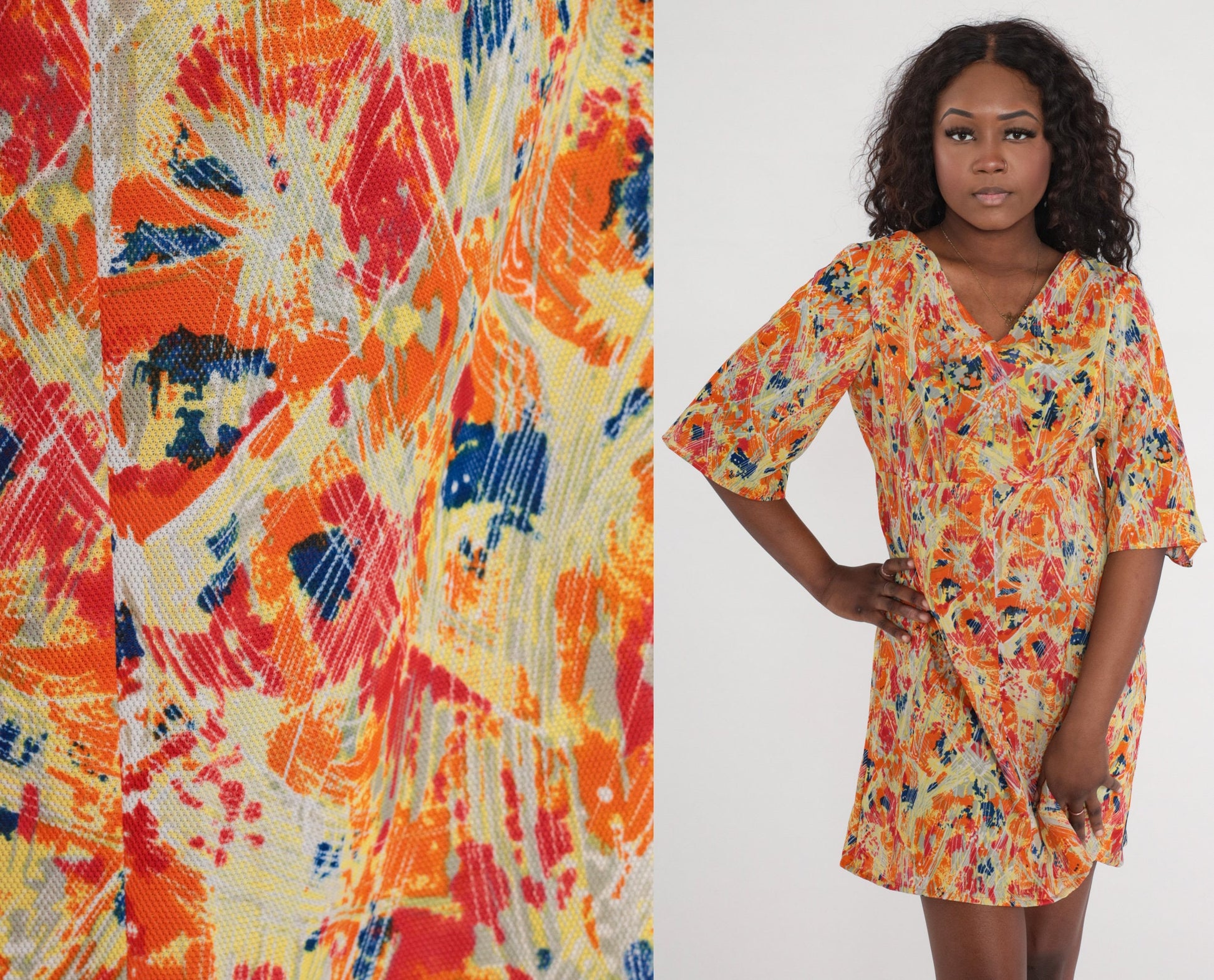 70s Psychedelic Mini Dress Empire Waist Bell Sleeve V Neck Medium Large