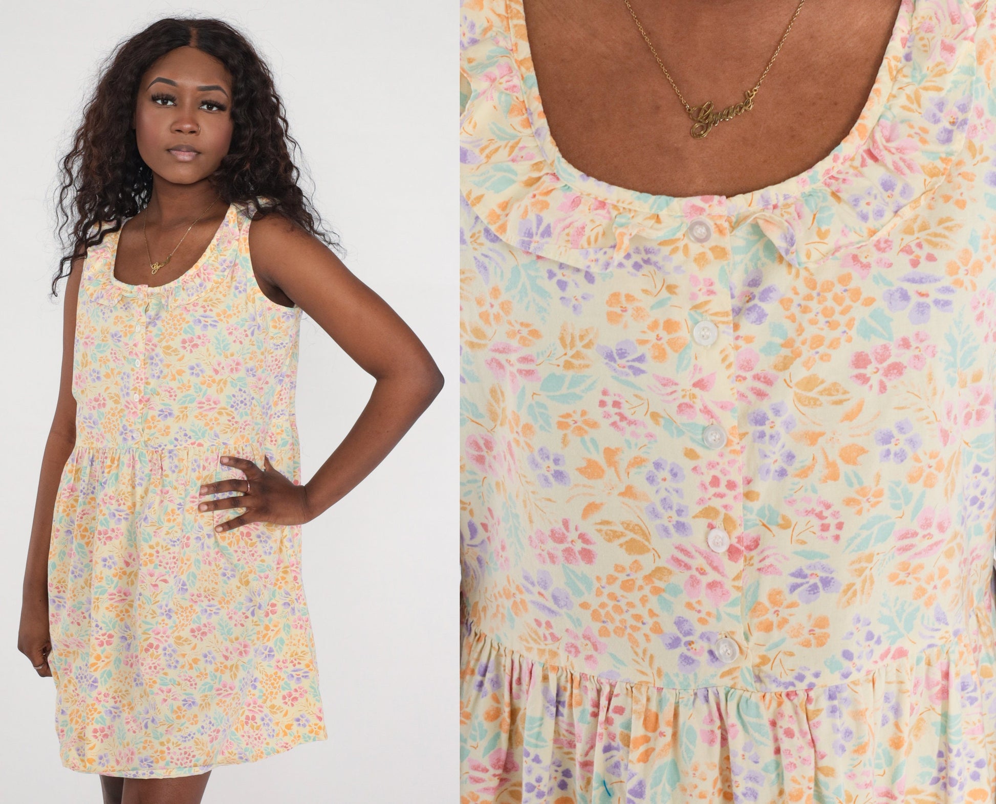 90s Pastel Floral Mini Dress High Waist Button Up Sleeveless Large L
