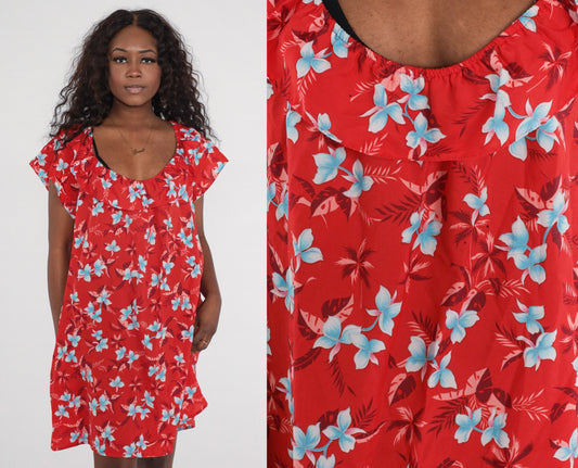 80s Hawaiian Floral Mini Dress Red Shift Short Sleeve Large
