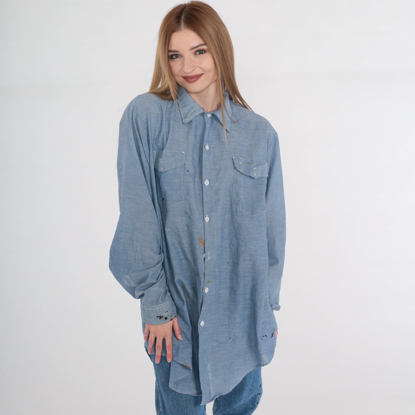 80s Key Imperial Chambray Button-Up Shirt Blue Paint Splatter Distressed XL