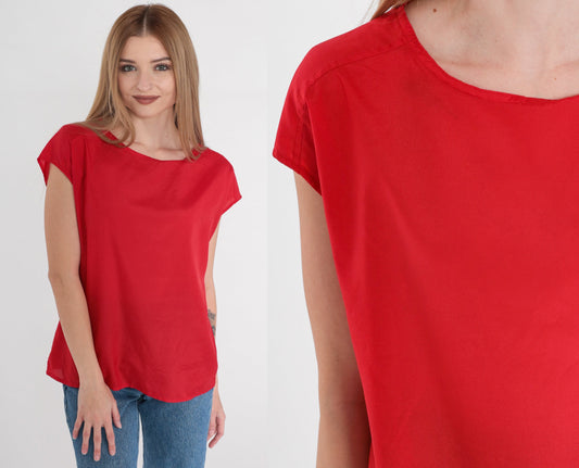 90s Red Cap Sleeve Blouse Plain Vintage Shirt Medium