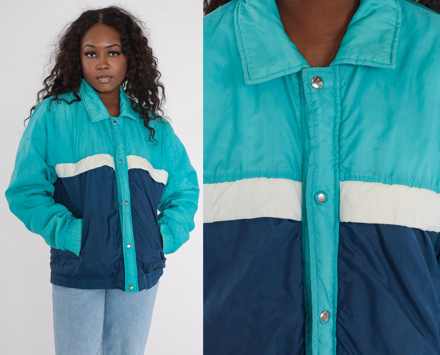80s Colour Block Ski Jacket Blue Aqua Puffer Zip Coat Men's Medium