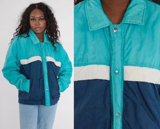 80s Colour Block Ski Jacket Blue Aqua Puffer Zip Coat Men's Medium