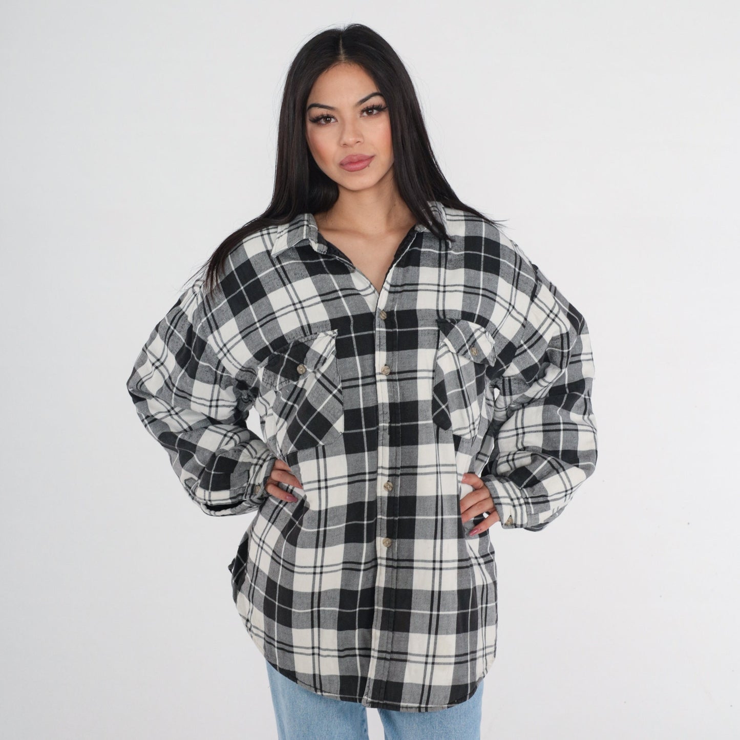90s Black White Plaid Button Jacket Plus Size XXL