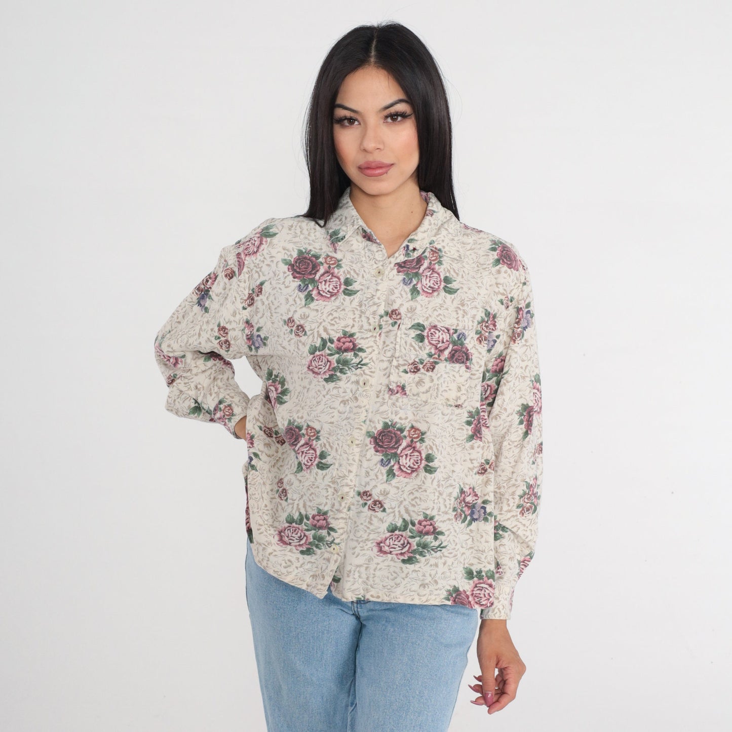 00s Lemon Grass Floral Button-Up Blouse Long Sleeve Collared Shirt Large L
