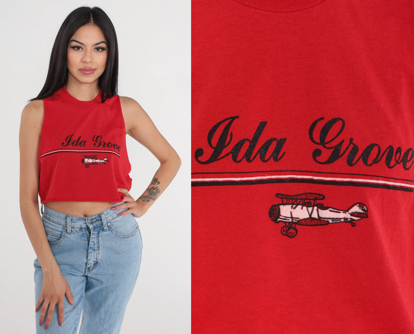 90s Ida Grove Iowa Airplane Graphic Crop Tank Top Red Small