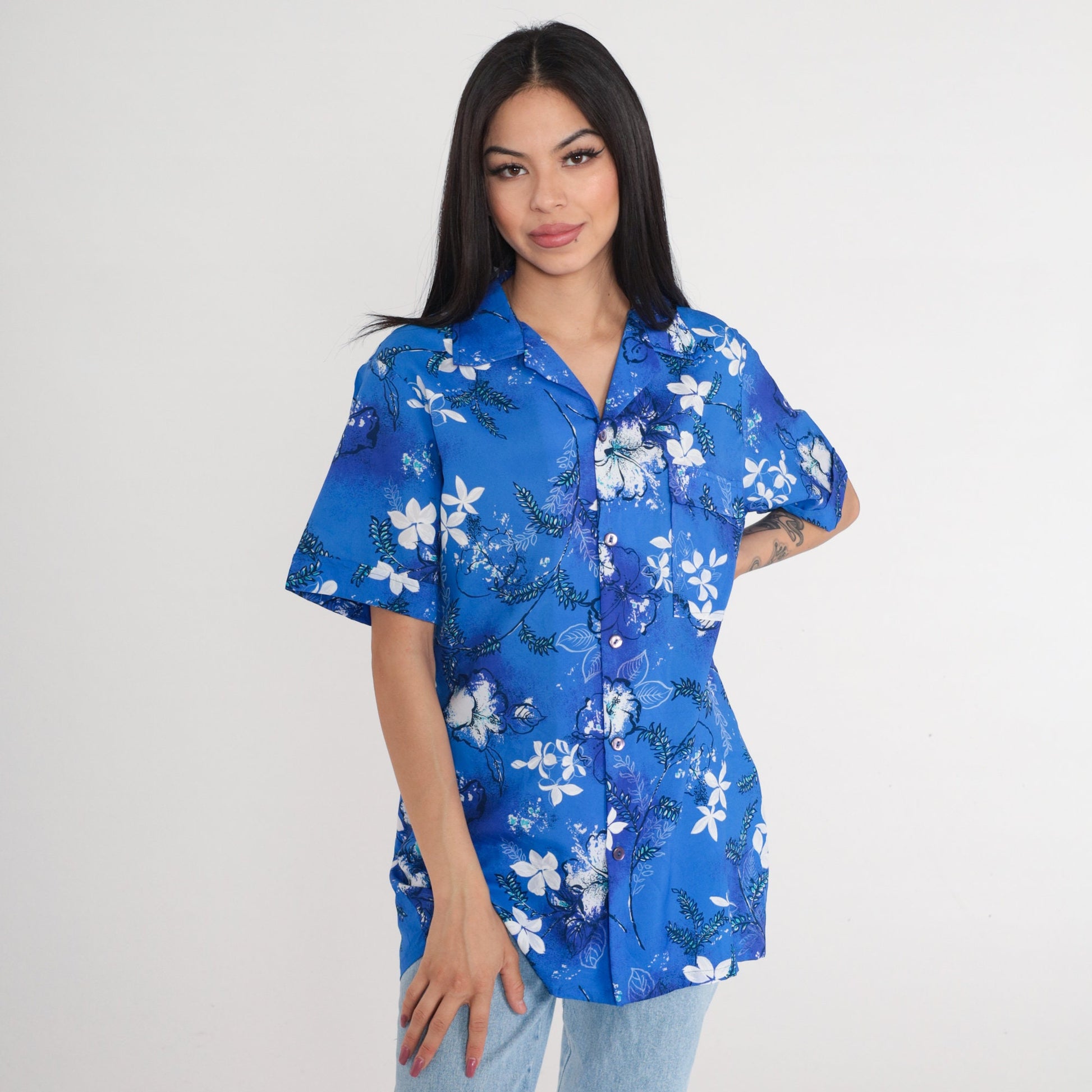 70s Hawaiian Shirt Blue Tropical Floral Button Up Short Sleeve Medium M