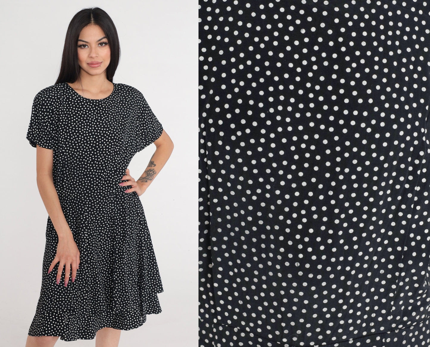 90s Black White Polka Dot Mini Dress High Waisted Skater Short Sleeve Medium