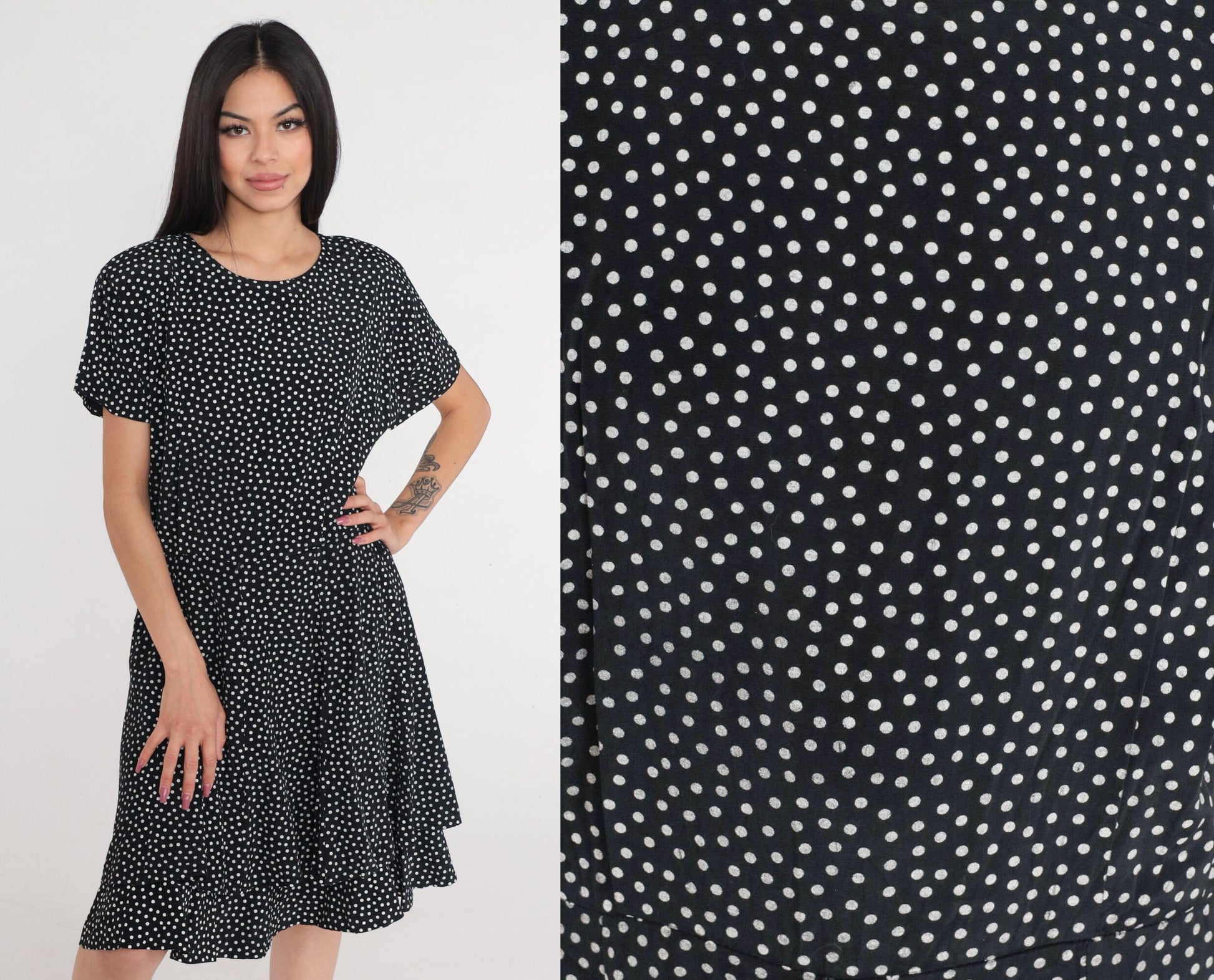 90s Black White Polka Dot Mini Dress High Waisted Skater Short Sleeve Medium