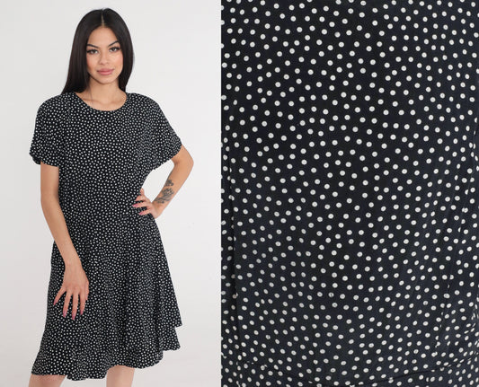 90s Black White Polka Dot Mini Dress High Waisted Skater Short Sleeve Medium