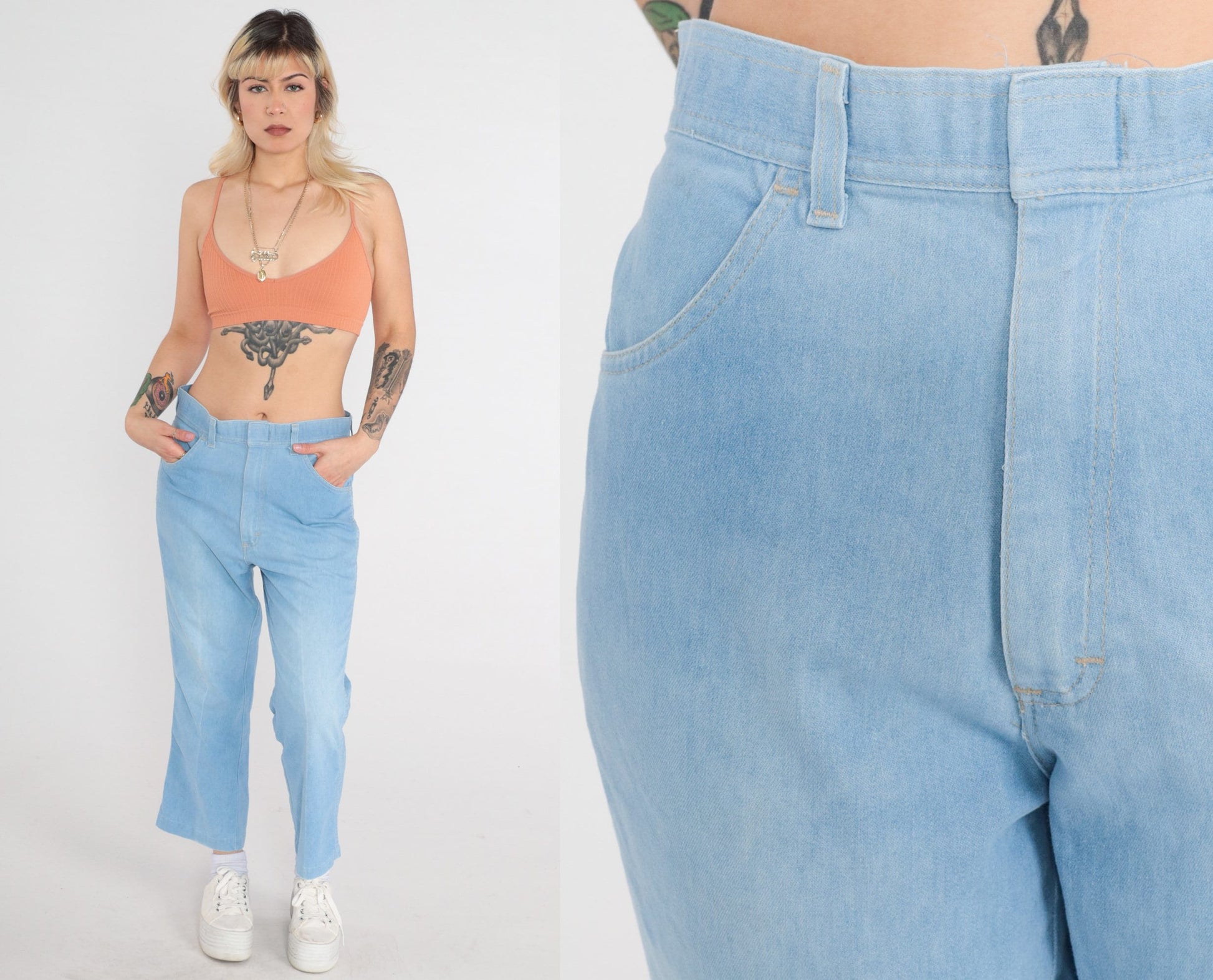 70s Bell Bottom Flared Jeans Men's 33 High Rise Denim Blue Medium