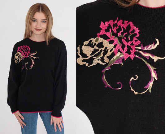 80s Black Knit Sweater Pink Purple Embroidered Floral Pullover Medium M