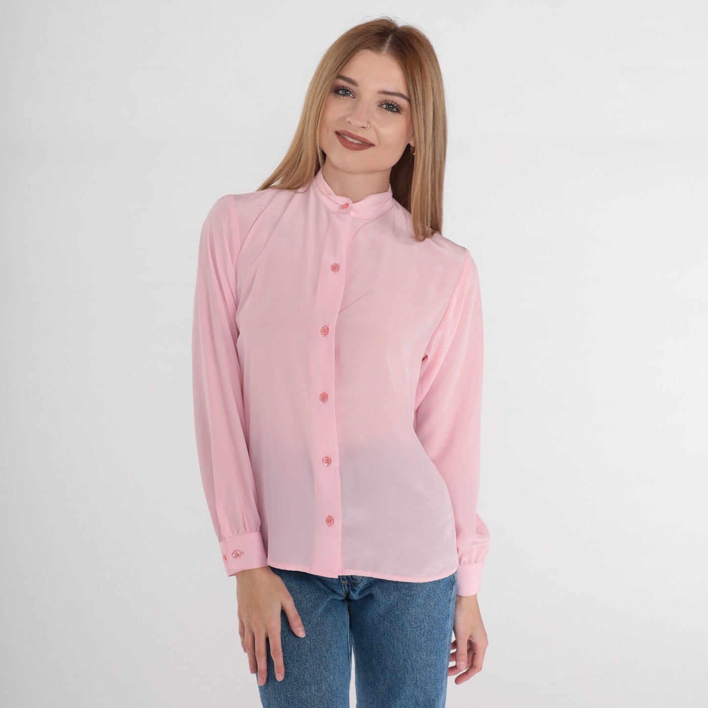 80s Pink Semi-Sheer Button-Up Blouse High Neck Long Sleeve Small