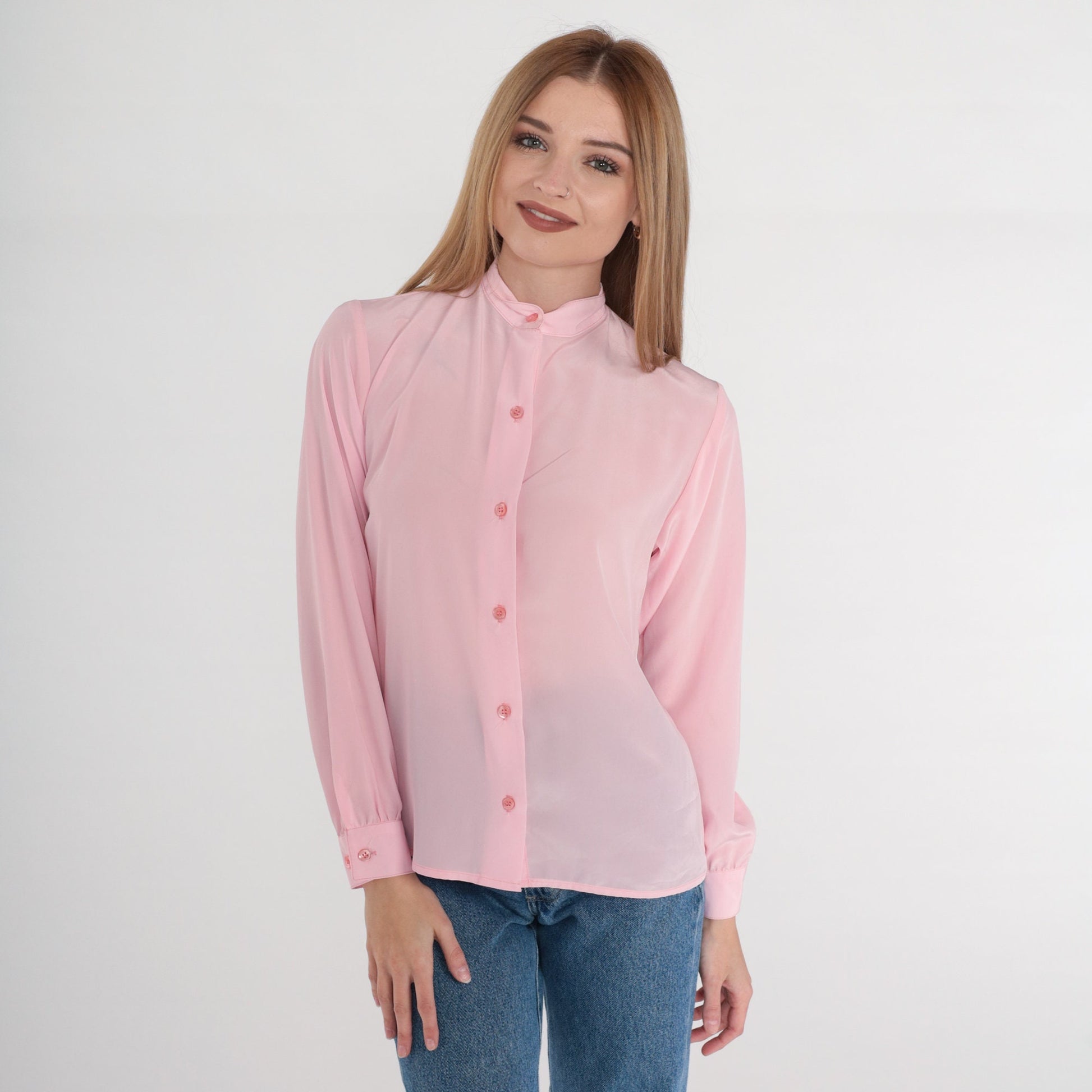 80s Pink Semi-Sheer Button-Up Blouse High Neck Long Sleeve Small