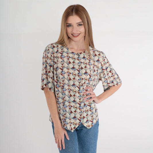 Y2K Abstract Print Button-Up Blouse Short Sleeve Multicolor Op Art Top Large 12