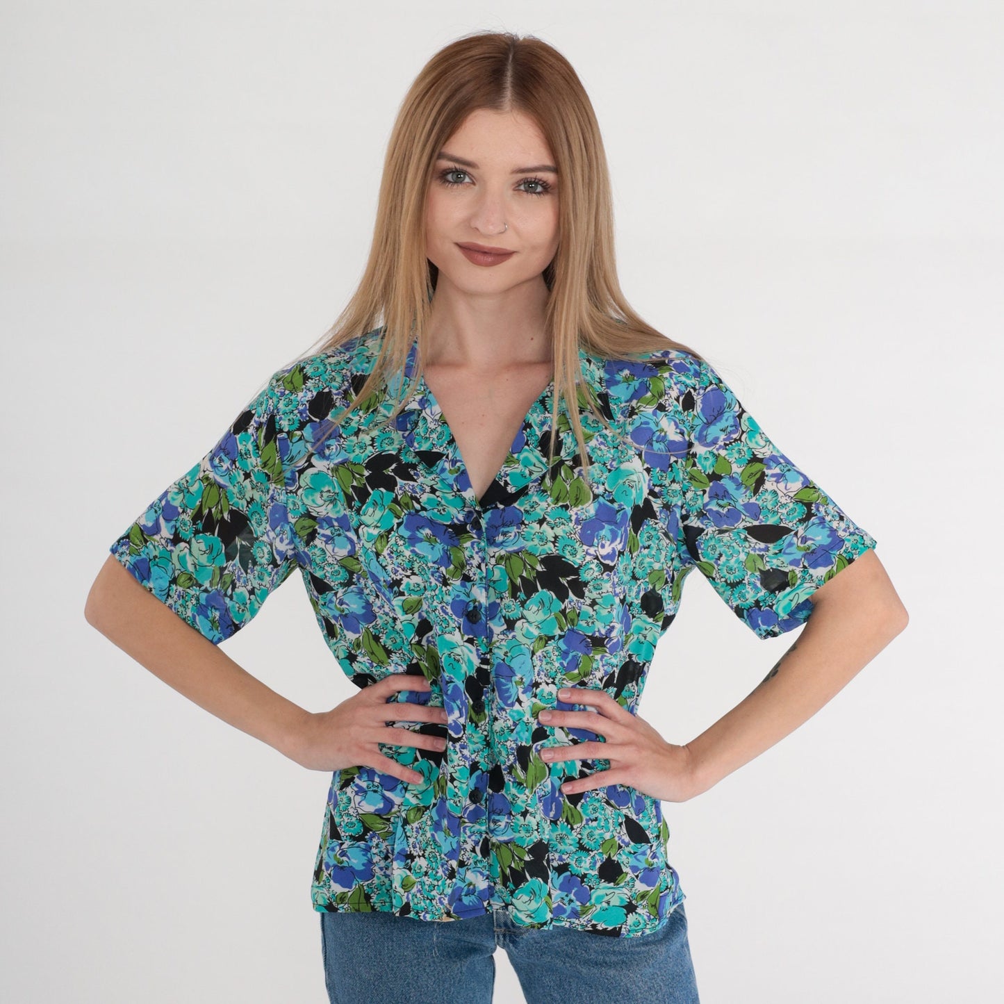 90s Blue Floral Button-Up Blouse Short Sleeve Collared Top Medium