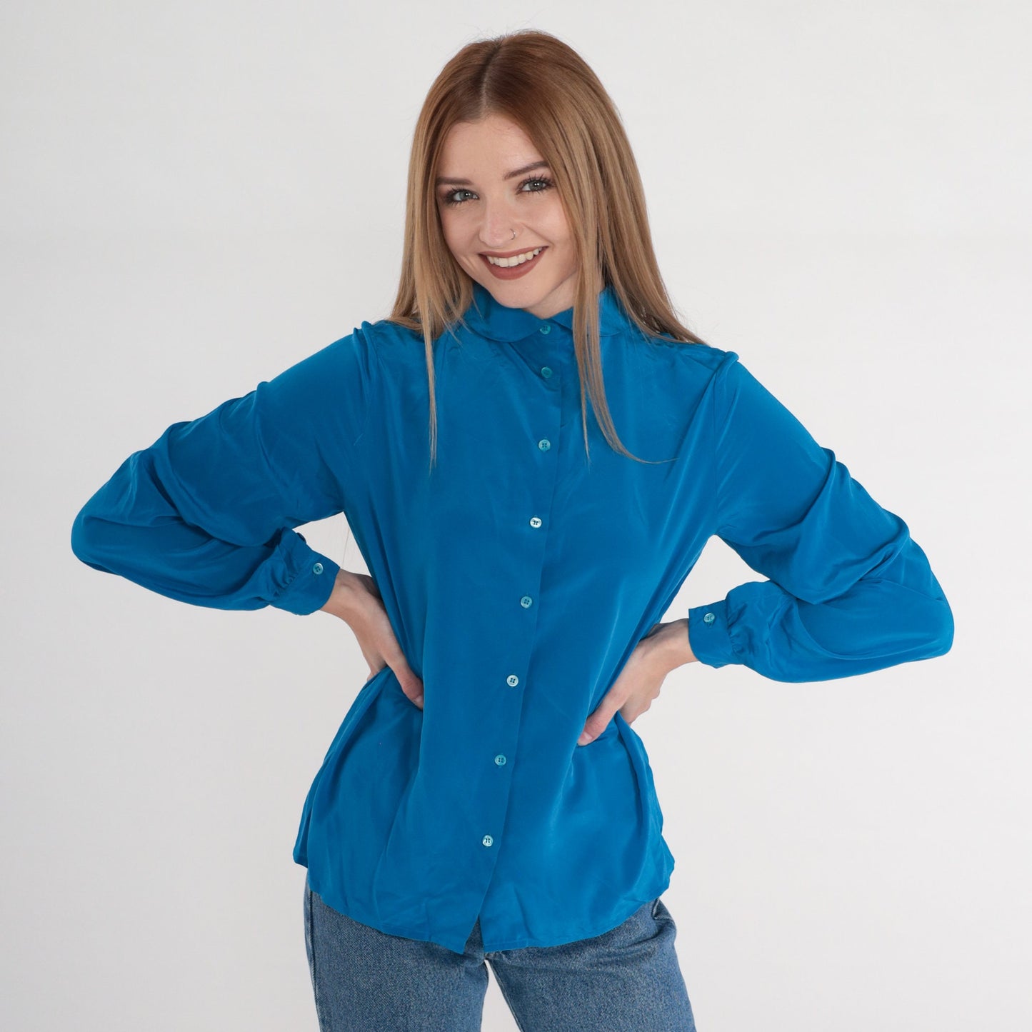 80s Blue Button-Up Blouse Peter Pan Collar Puff Sleeve Medium 8