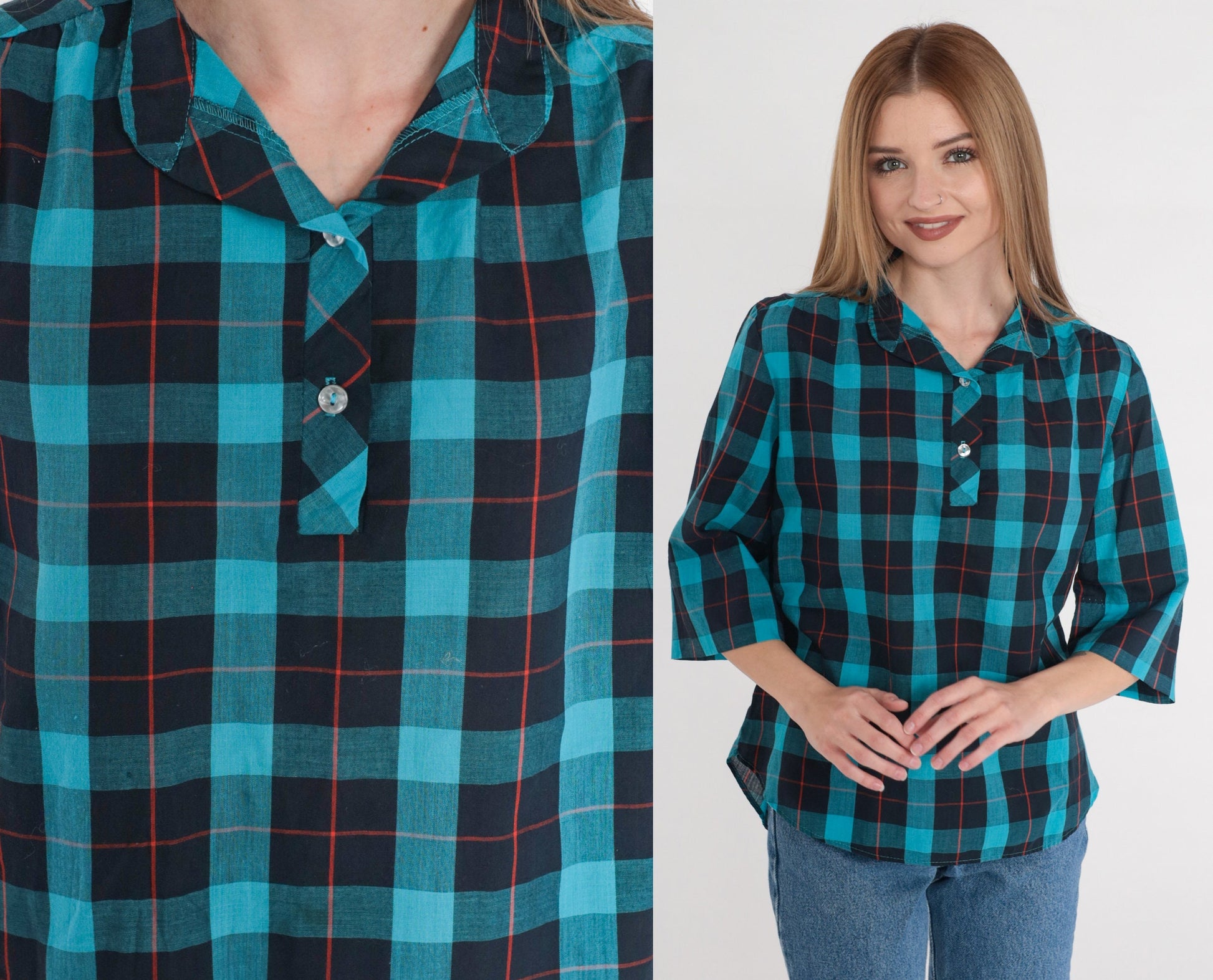 80s Turquoise Plaid Blouse Half-Button Puff Sleeve Shirt Medium M