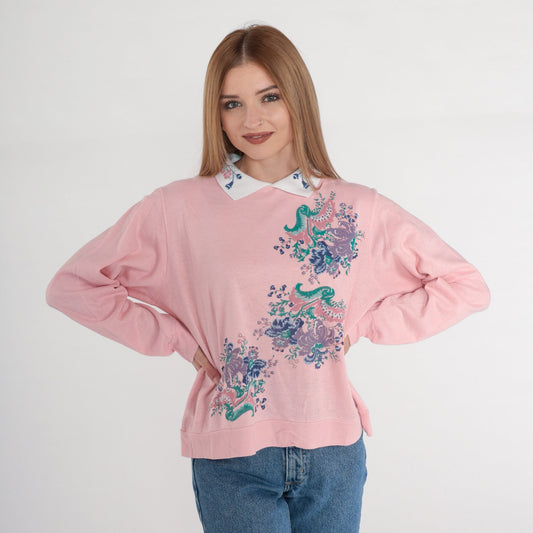 80s Pink Floral Collared Sweatshirt Flower Print Crewneck Small S