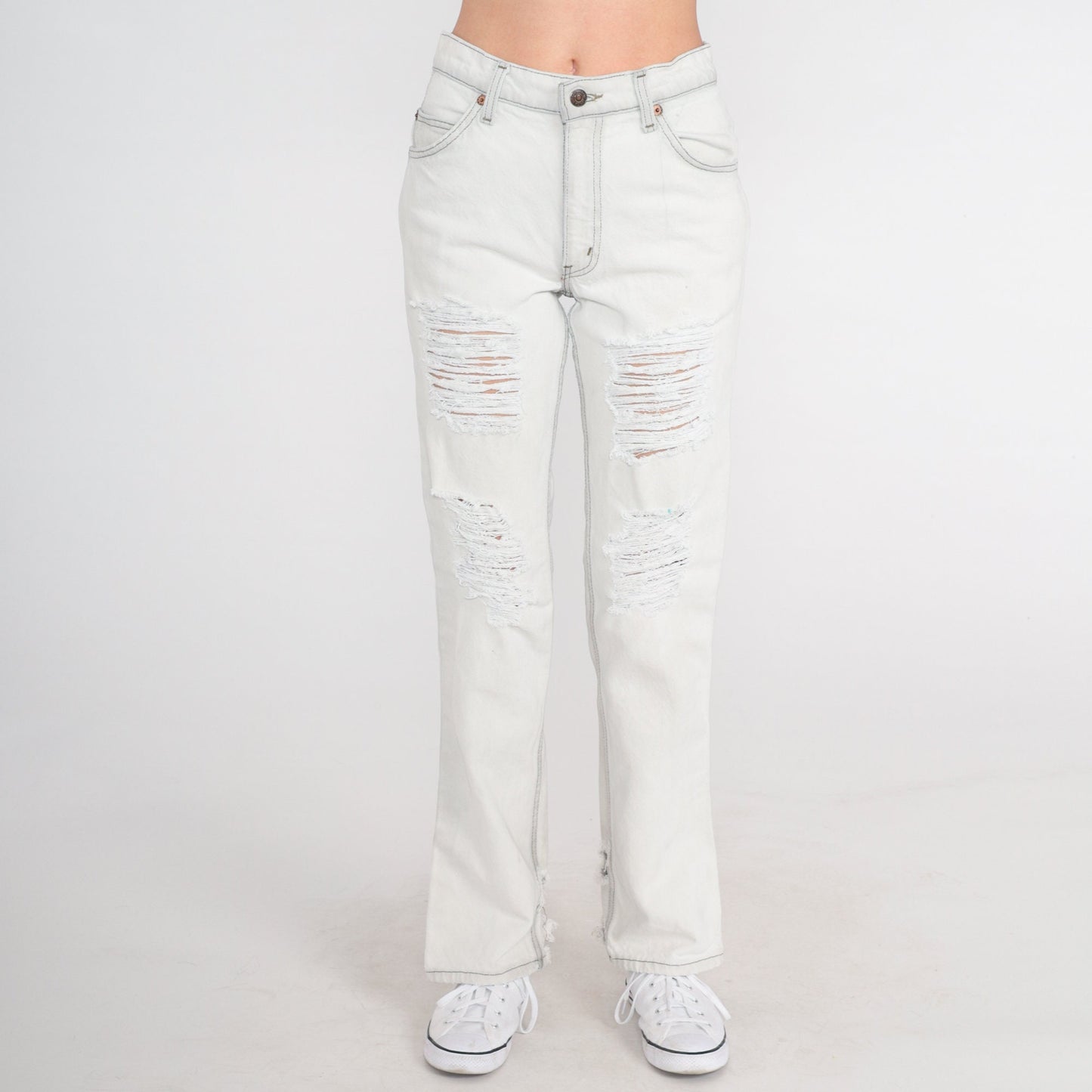00s Levi's 517 Bootcut Jeans Light Grey Distressed Ripped Denim Small 28