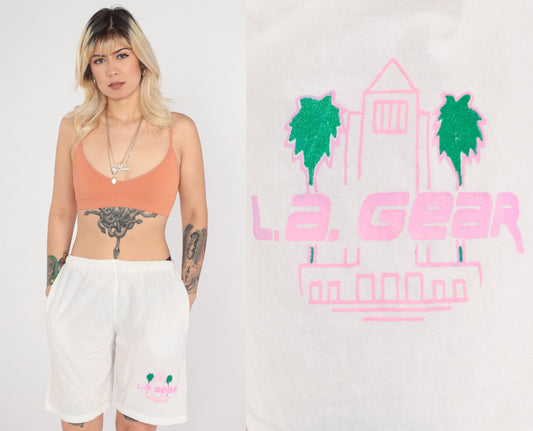 90s LA Gear White Neon Palm Tree Shorts High Waist Medium Large
